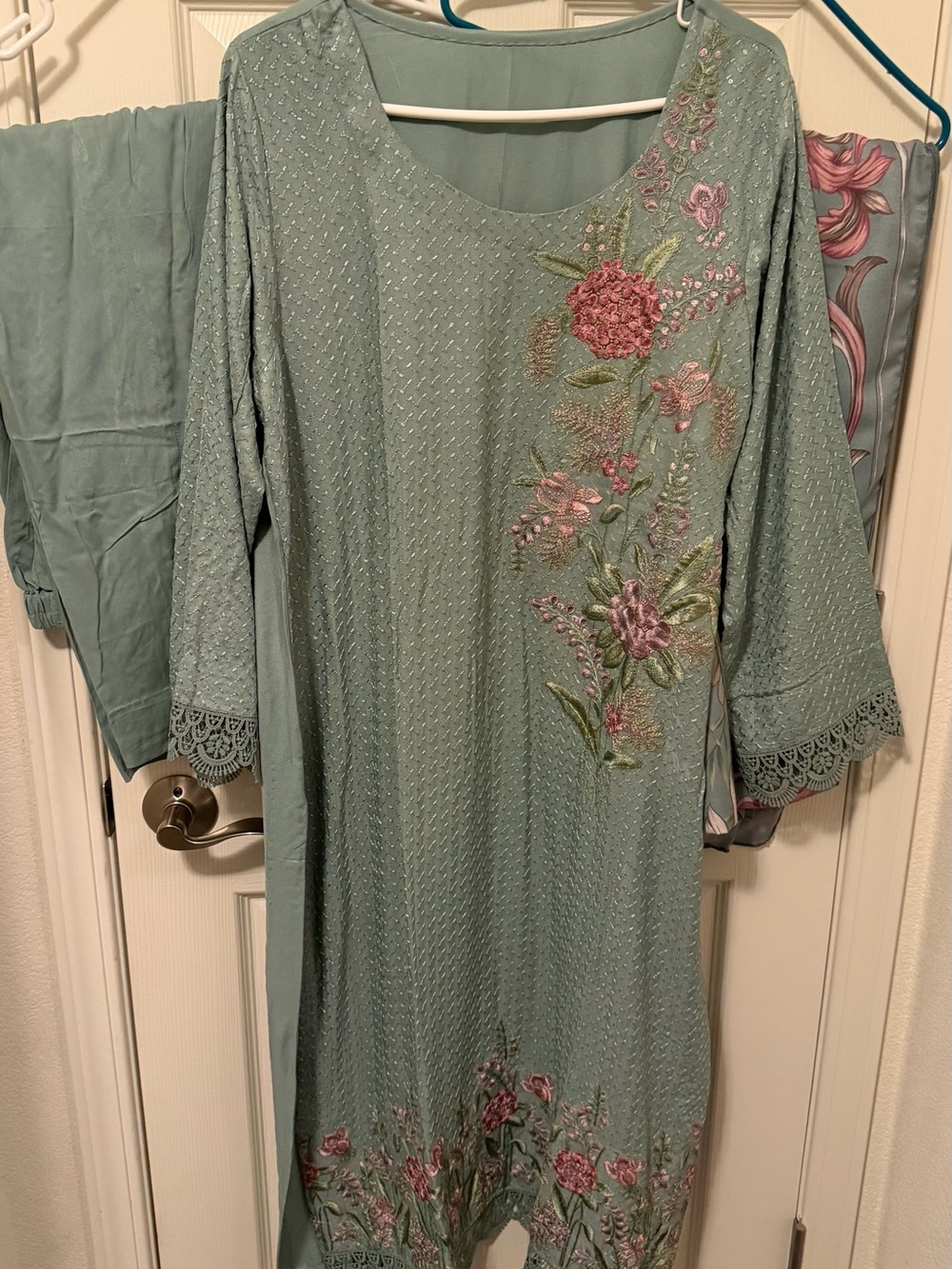 Maria B 3 piece Embroidered Sage Green Kurta with Floral Detail